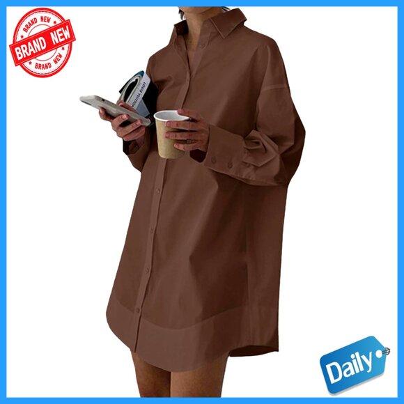 Dresses & Skirts - Casual Shirt Dress Collar V Neck Button Down Loose Long Sleeve Mini Dress